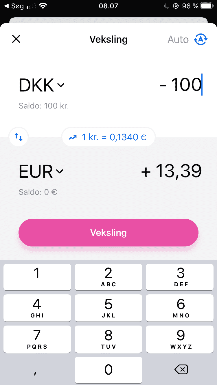 100 dkk til 13,39 Euro